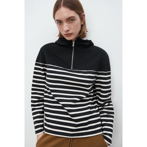 Navy Blue White Striped Zara Half Zip Long Sleeve Hoodie Sweatshirt (NWT) - Picture 2 of 9
